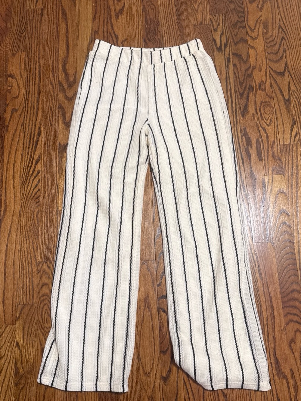 Cream Knit Wide-Leg Pants with Black Stripes